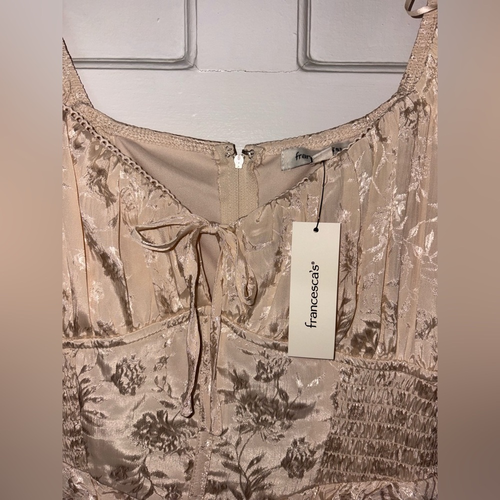 Sleeveless Floral Satin Tiered Midi Dress - Beige - Picture 2 of 4